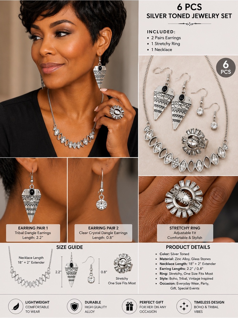6PCS Silver-Toned Tribal-Inspired Women's Earring Set - Silver